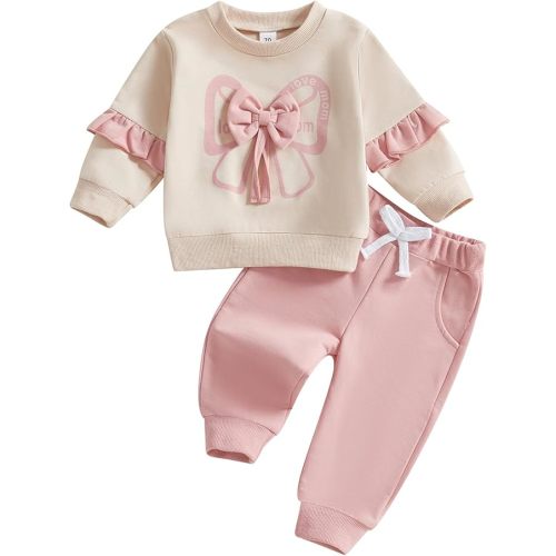 Kupretty Baby Girl Clothes Toddler Fall Winter Outfit Ruffles Crewneck Bow Pullover Sweatshirt + Joggers Pants Set