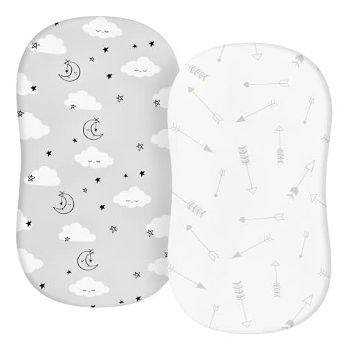 TILLYOU Baby Bassinet Sheets for Girls Boys, Fit for Hourglass Oval Rectangle Bassinet Mattress Sheets, 33”X16”, 2 Pack Grey Clouds