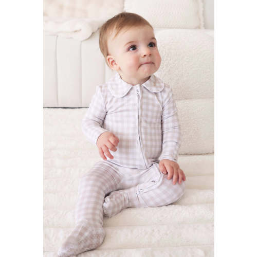 Peter Pan Collar Zipper Footie | Taupe Gingham