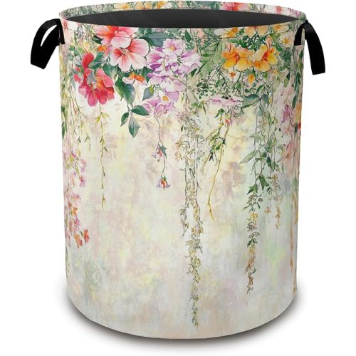Beautiful Floral Laundry Hamper,Collapsible Laundry Baskets,Flowers Butterfly Dirty Clothes Baskets with Handles,Oxford Cloth Hamper for Bedroom,Bathroom,College Dorms,16"x20"