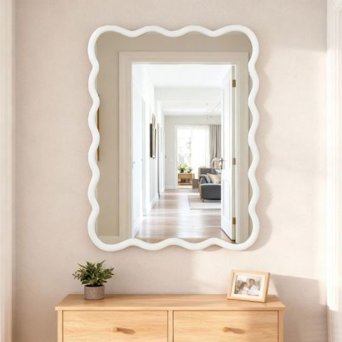 30" x 40" Wall Mirror with White Solid Wood Frame, Wavy Rectangle Decorative Mirror for Bathroom, Bedroom, Living Room, Entryway-Panipeachy