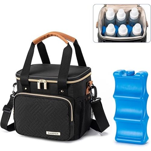 Breastmilk Cooler Bag with Ice Pack Fits 6 Baby Bottles Up to 9 Ounce, Expandable Double-layer Leak-Proof Cooler Bag with Shoulder Strap for Nursing & Working Mom, Black