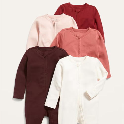Red/Pale Pink - Unisex 2-Way-Zip Footie Sleep & Play One-Piece 5-Pack for Baby