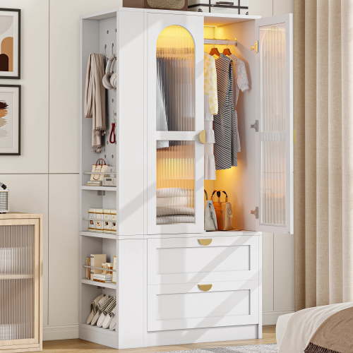 Virans 2 Doors Armoire Wardrobe Closet with 2 Drawers & LED Lights,71"H Wardrobe Storage Cabinet with Removable Hanging Rod,Open Shelving for Bedroom