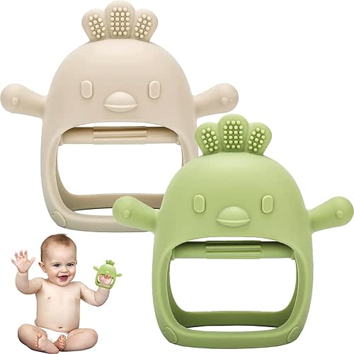 Lot de 2 jouets de dentition en silicone pour bébé, gants de dentition pour les besoins de succion de bébé, jouets de dentition pour bébé de 3 mois et plus, jouets à mâcher pour soulager la douleur de dentition (beige/vert)