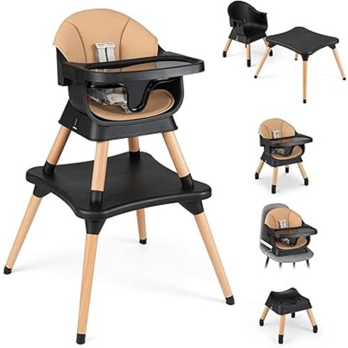 BABY JOY High Chair, 9-in-1 Convertible Highchairs for Babies and Toddlers, Booster Seat | Table & Chair Set | Stool, Adjustable Legs, Removable Tray, Safety Harness & Waterproof PU Cushion (Brown)