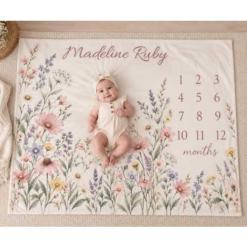 Personalized Baby Milestone Blanket, Floral Monthly Baby Blanket, Custom Name Newborn Gift, Baby Girl Milestone Photo Prop, Baby Shower Gift