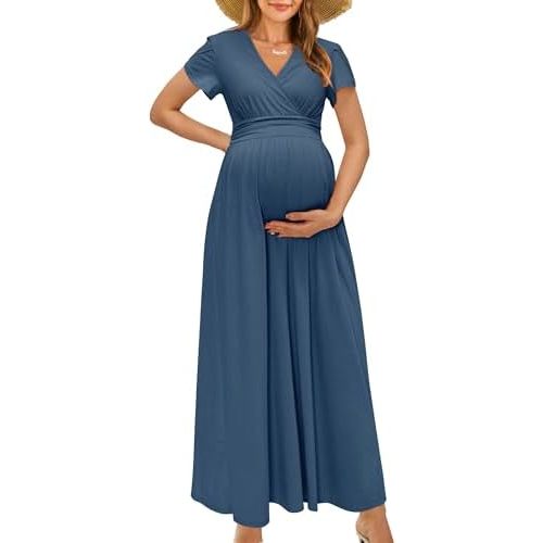 OUGES Maternity Maxi Dress Wrap Baby Shower Pregnancy Dresses for Photoshoot Maternity Outfits Summer Clothes 2026