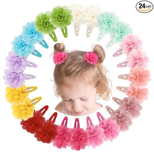 DeD 24PCS 2.7" Chiffon Flower Hair Bows Clips Flower Tiny Hair Clips Fine Hair for Girls Infants Toddlers Set of 12 Pairs