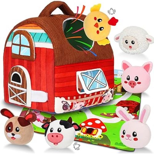 Avesa Baby Toys 6-12 Months - Soft Barn Toy with Stuffed Farm Animals, Rattle - Montessori Toys for Babies 6 Months Old Sensory Infant Toy Baby Gifts Easter Basket Stuffers