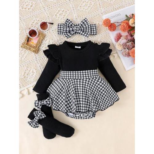 1pc Baby Girl Cute Long Sleeve Patchwork Ribbed Dress With Leg Warmers And Headband, Spring/Autumn Thin | SHEIN USA