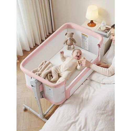 Baby Bassinet Bedside Sleeper 3-in-1, Easy Night Feeding with One-Side Fold & Rolling Wheels, Breathable Mesh, 6-Height Adjustable, Soft Mattress for Newborns