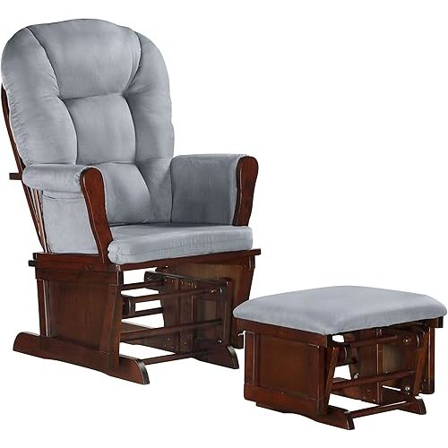 Lennox Furniture Glider Rocker with Ottoman, Smooth Gliding upholstered Chair Comfy with Side Pockets Espresso Grey
