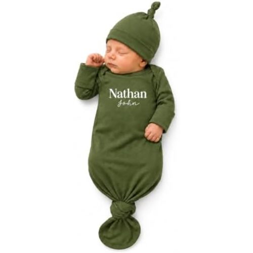 Personalized Newborn Knotted Gown with Hat or Bow, Custom Name Baby Outfit, Soft Bamboo, 0 to 3 Months