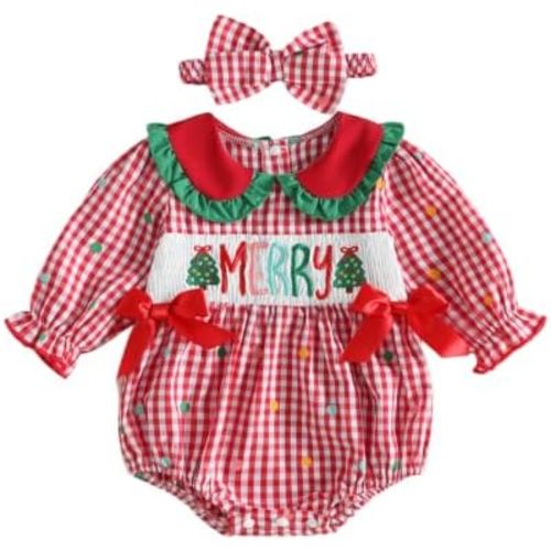 Baby Girl Christmas Romper Long Sleeve Bubble Bodysuit 0-18M