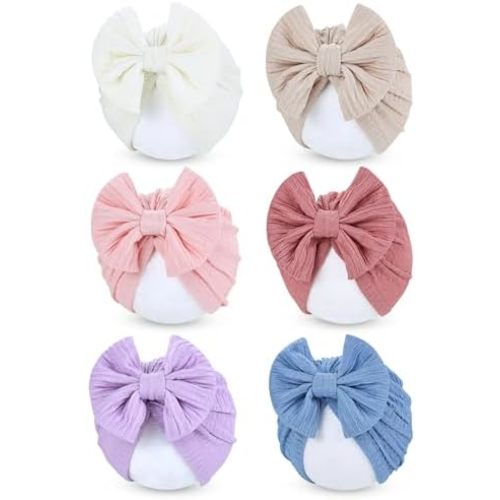 Cinaci 6 Pack Nursery Hospital Caps Bonnets Beanies Headwraps Turban Hats with Bow for Baby Girls Newborns Infants Toddlers