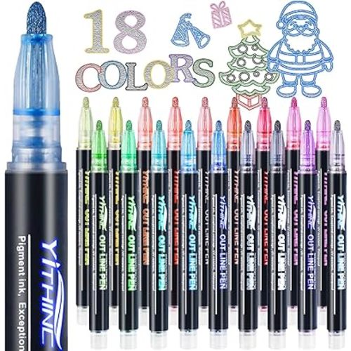 Outline Shimmer Markers, Tween Teen Girl Gifts Trendy Stuff, 18 Glitter Metallic Gel Pens Coloring, Arts and Crafts Drawing Supplies Kits Birthday Gift for Kids Girls Ages 4, 6, 8, 10, 12 Year Old