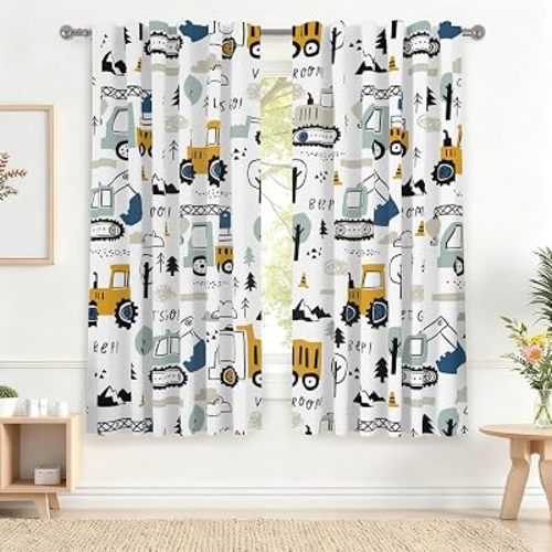 42 x 63 Inch Cartoon Car Kids Curtains for Bedroom Living Room Construction Equipment Trucks Excavator Tractor Curtain for Boys Room Window Treatments Curtain Linen Drapes 2 Panels