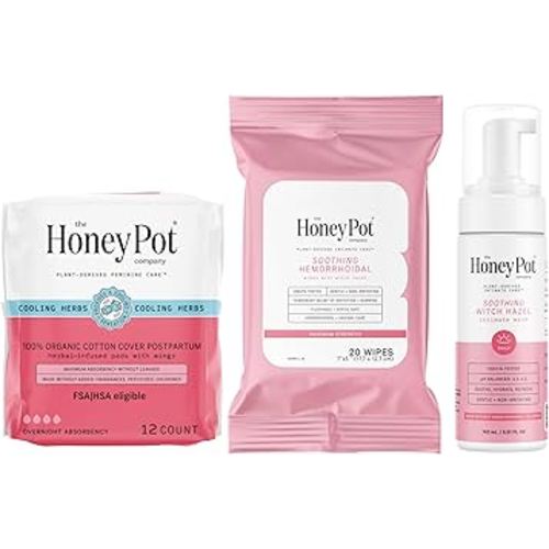 The Honey Pot Company - Postpartum Pads, Wash, & Wipe Bundle - Postpartum Essentials - 12ct Pads, Witch Hazel Feminine Wash, 20ct Witch Hazel Feminine & Hemorrhoid Wipes