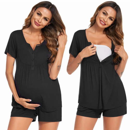 Ekouaer Women's Maternity Nursing Pajamas Shorts Set Summer Nursing Sets Soft Labor Delivery PJS