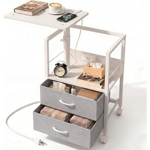 Faesun Swivel Lift Top Nightstand with Charging Station, Rolling Side Table for Recliner, Bedside Table with Wheels & 2 Fabric Drawers, for Small Spaces, for Bedroom, Living Room, White Gray