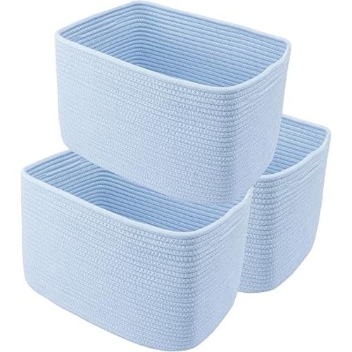 Cotton Rope storage Basket Bins Woven Basket for Organizing Shelves Rectangle Decorative Baskets For storage 3 pack (light blue)
