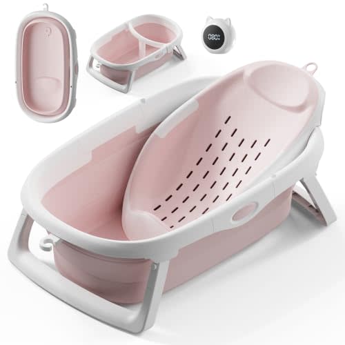 CheerTry 4-in-1 Collapsible Baby Bathtub for Newborn & Toddler 0-24M (Pink) | Infant Baby Tub with Adjustable Bath Sling, T-Shaped Support & Water Thermometer, Baby Bath Tub for Baby Shower