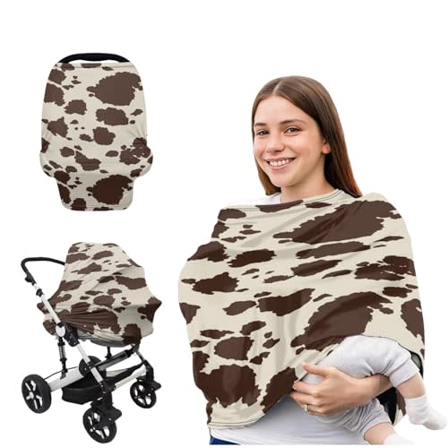 Brown Cow Print Baby Car Seat Cover Multi-use Carseat Canopy for Babies,Stretchy Infant Nursing Cover for Breastfeeding,Shower Gifts for Unisex Boys and Girls