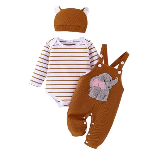 FOCICI Baby Boy Clothes Newborn Striped Romper Fall Outfits + Infant Cartoon Suspender Overall + Cute Hat 3 Pcs 0-18 Months