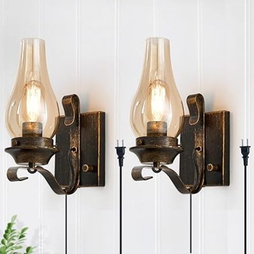 Yisuro Wall Sconces Sets of 2, Oil Rubbed Bronze Plug in Wall Sconce,Retro Rustic Wall Lamps,Sconces Wall Lighting with Amber Glass,Indoor Vintage Bedside Wall Lighting for Living Room Bathroom