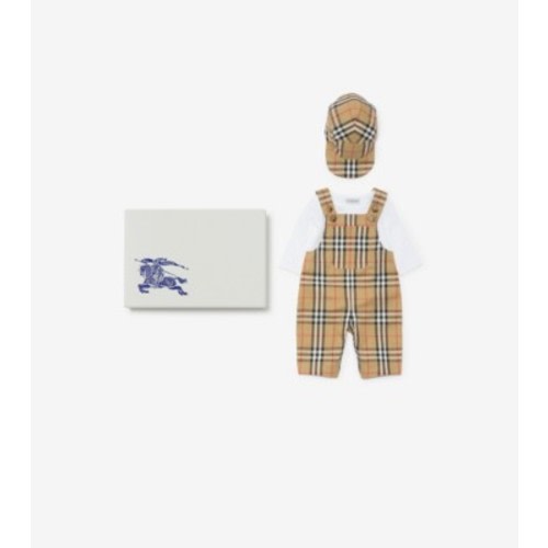 Check Cotton Three-piece Baby Gift Set in Sand beige - Children | Burberry® Official