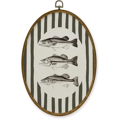 JMENGSSFL Vintage Fish Ocean Nursery Oval Wall Art Decor, Coastal Beach Canvas Prints, Neutral Striped Bass Fishing Framed Wall Art for Kids Baby Toddler Boys Room Playroom Decor, 8.6x11.4 Inch