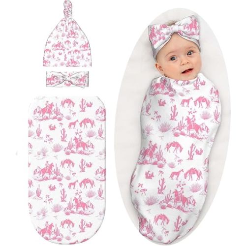 Western Cowboy Cactus Pink Baby Stuff Swaddle Blanket Wrap Baby Newborn Blanket Soft Stretchy with Headband Hat Set Gift for Infant Boy Girl