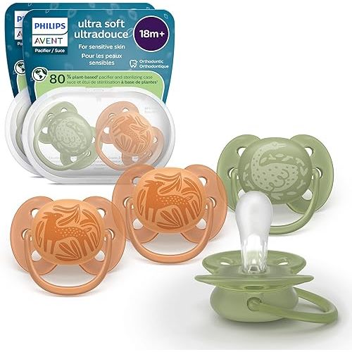 Philips Avent Ultra Soft Pacifiers - Orthodontic Design, for Babies 18 Months+, Flexible Shield, Extra-Firm Silicone Symmetrical Nipple, BPA-Free, with 2 Sterilizing Cases, 4 Pack, SCF093/07