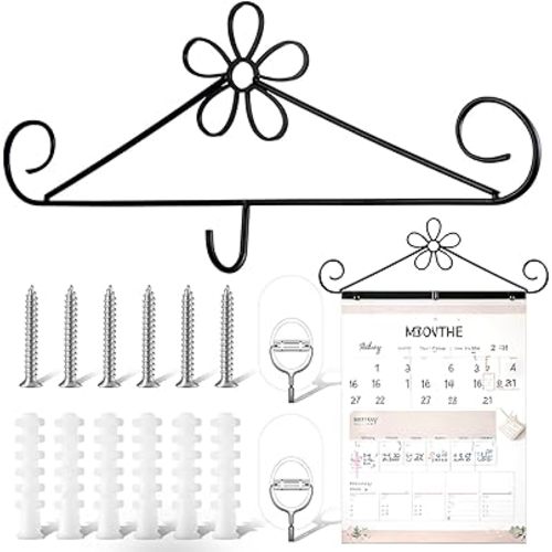 Calendar Hanger for Wall 13.8 Inch Metal Wire Scroll Black Calendar Frame with Six Expansion Screws and Transparent Adhesive Hooks Frame for Classroom Home Office Wall(Flower)