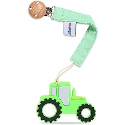 Baby Food Grade Silicone Tractor Car Teether Toy with Pacifier Clip Holder,Teething Pain Relief Toys Gift Set for 3 Months+ Boys and Girls,Freezer Safe,BPA Free (Green)