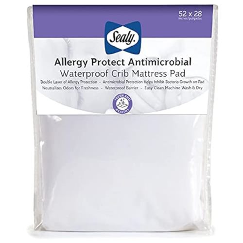 Sealy Baby Allergy Protect Antimicrobial Crib Mattress Protector Pad, Fitted Toddler Bed Cover, Protective Sheet for Boys & Girls Bedding, Waterproof, Machine Washable / Dryer Friendly, 52x28" - White