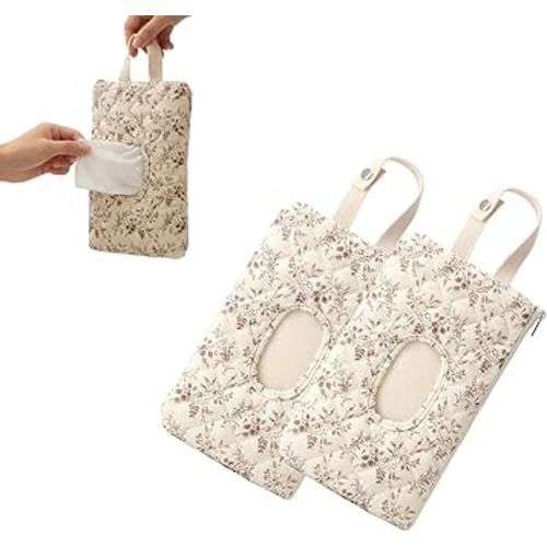 2 PCS Floral Quilted Baby Wipe Holder Pouch with Strap, Reusable Portable Wipes Case for Stroller & Diaper Bag, Leak-Proof Travel Wipes Dispenser with Floral Pattern (Beige)