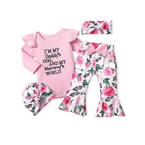 ADIFUN Baby Girl Clothes,4pcs Infant Newborn Girl Outfits Ruffle Romper Baby Bell Bottoms Headband Bandana Clothes Sets Gifts