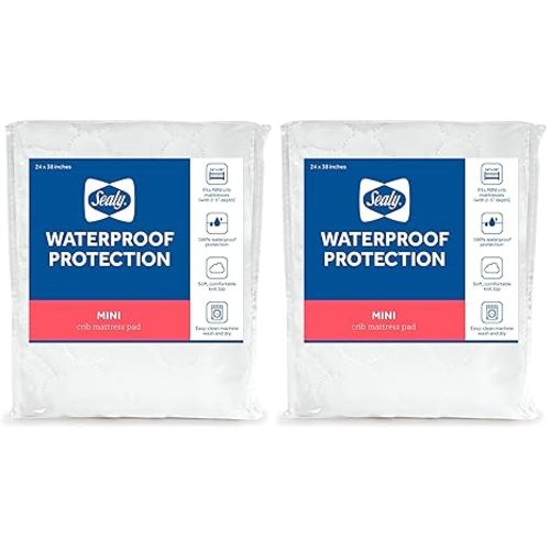 Sealy Baby Mini Fitted Waterproof Infant Portable Crib Mattress Protector Pad Cover, Durable and Comfortable Topper for Newborns and Toddlers, Machine Washable and Dryer Friendly, 38” x 24”- White