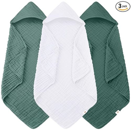 Sunny zzzZZ Muslin Hooded Baby Bath Towels - 3 Pack 100% Cotton Soft Low-Saturation Pastel Towels Including Classic White for Newborns, Infants, Toddlers - 32x32 Inch - Deep Emerald and White