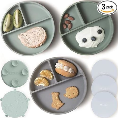 Moonkie Suction Plates for Baby | 100% Silicone BPA-Free Baby Plates with Lids and Food Cover | Divided Design | Microwave and Dishwasher Safe | Toddler Plates 3 Pack