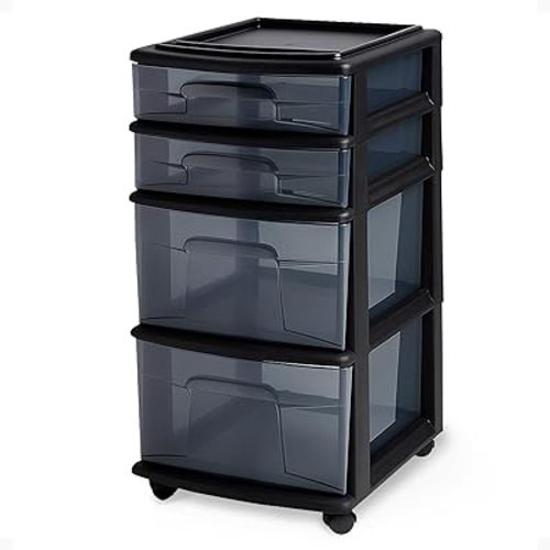 HOMZ Drawer Tower, 4-Tier Storage Cart with Removable Wheels, Black Frame