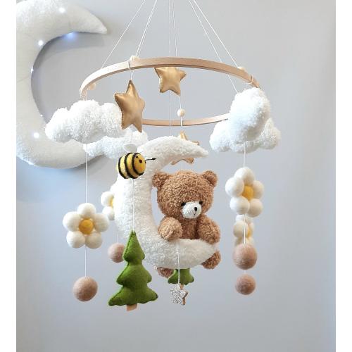 Mobile Teddy Bear,bear on the moon,mobile plush bear,woodland mobile,toy for a crib, gift for a newborn,mobile bear for a boy,boho mobile.