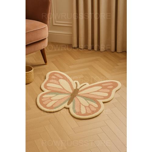 Handmade Tufted Wool Butterfly Area Rug – Pastel Boho Kids Nursery Bedroom Floor Carpet Decor