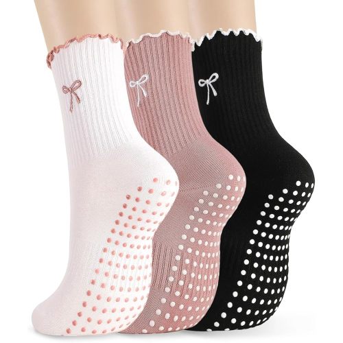 3/6 Pairs Cute Pilates Socks for Women, Ruffle Frilly Yoga Socks Non Slip Cotton Crew Ballet Socks with Embroidery