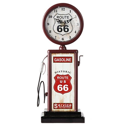 Lily's Home Old Fashioned Route 66 Gas Pump Mantle Clock, Silent-Non-Ticking with Quartz Movement, Makes an Ideal Gift for Antique Sign Collectors, Brown/Red (13 1/2" x 4 3/4")