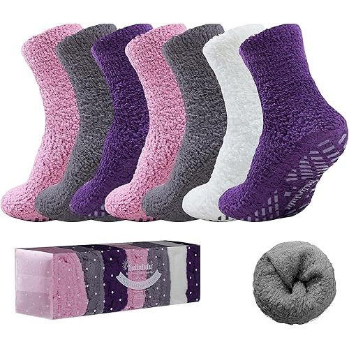 Bulinlulu Fuzzy Socks with Grips Plush Sleep Cozy Winter Soft Hospital Fluffy Socks Gifts for Womens Mens Gifts