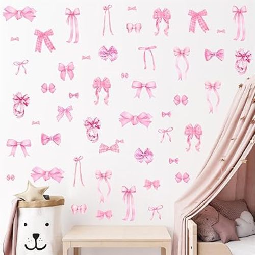 100 Pcs Pink Bow Wall Stickers Watercolor Girls Room Wall Decals Pink Bow Decor Bowtie Sticker Decal for Nursery Peel and Stick Pink Polka Dot Walls Art Murals Vinyl Decals for Kids Baby Bedroom Gift