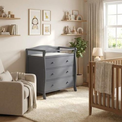 COZONY Modern Wooden Baby Changing Table, 3 Drawer Nursery Dresser w/ Safety Rail & Belt